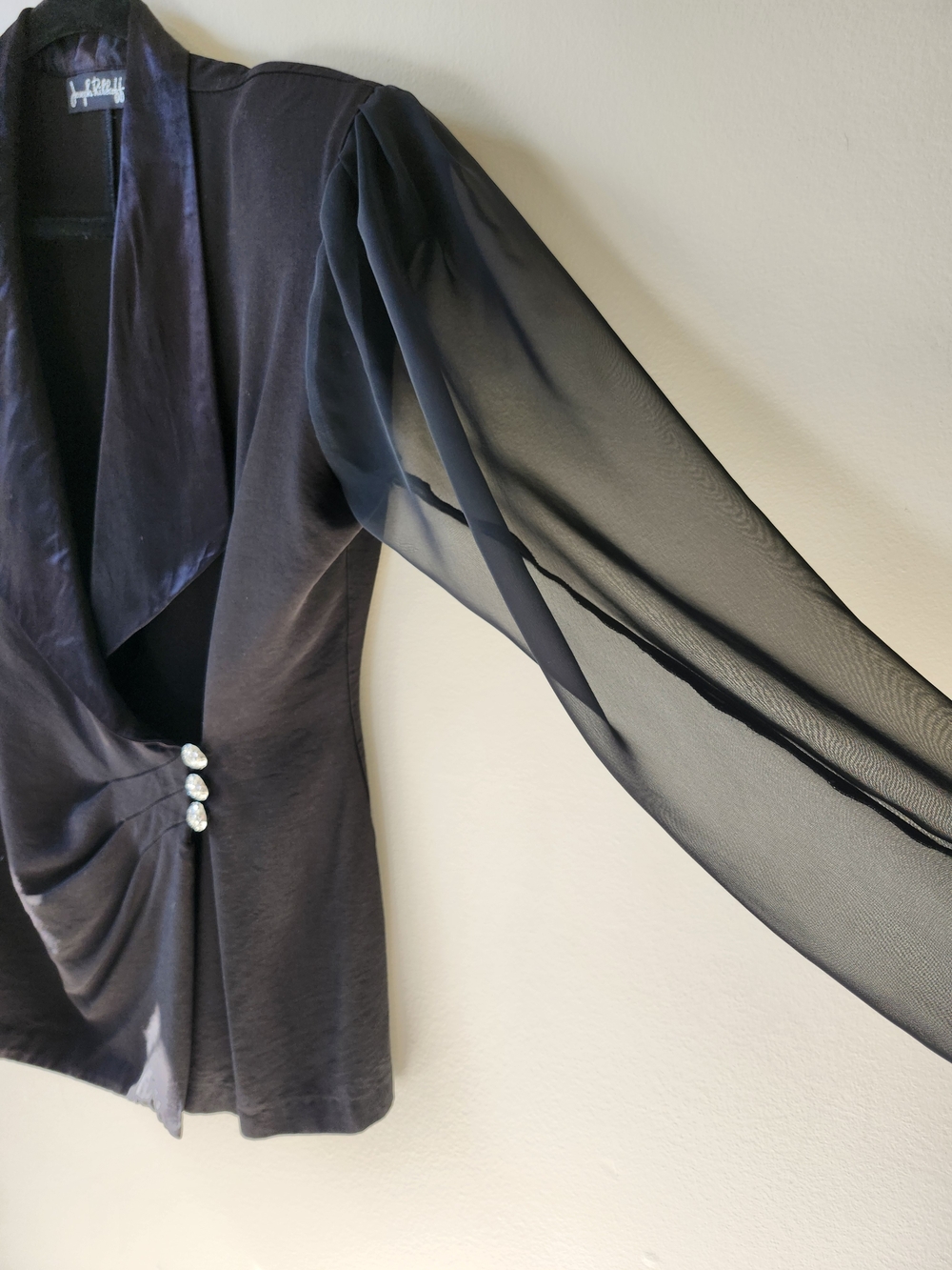Joseph Ribkoff Black Satin & Sheer Sleeve Wrap Blazer - Picture 4 of 10